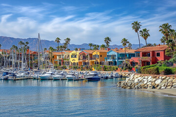 Obraz premium Vibrant pastel harbor with moored yachts and palm-lined architecture, perfect for a coastal dream getaway