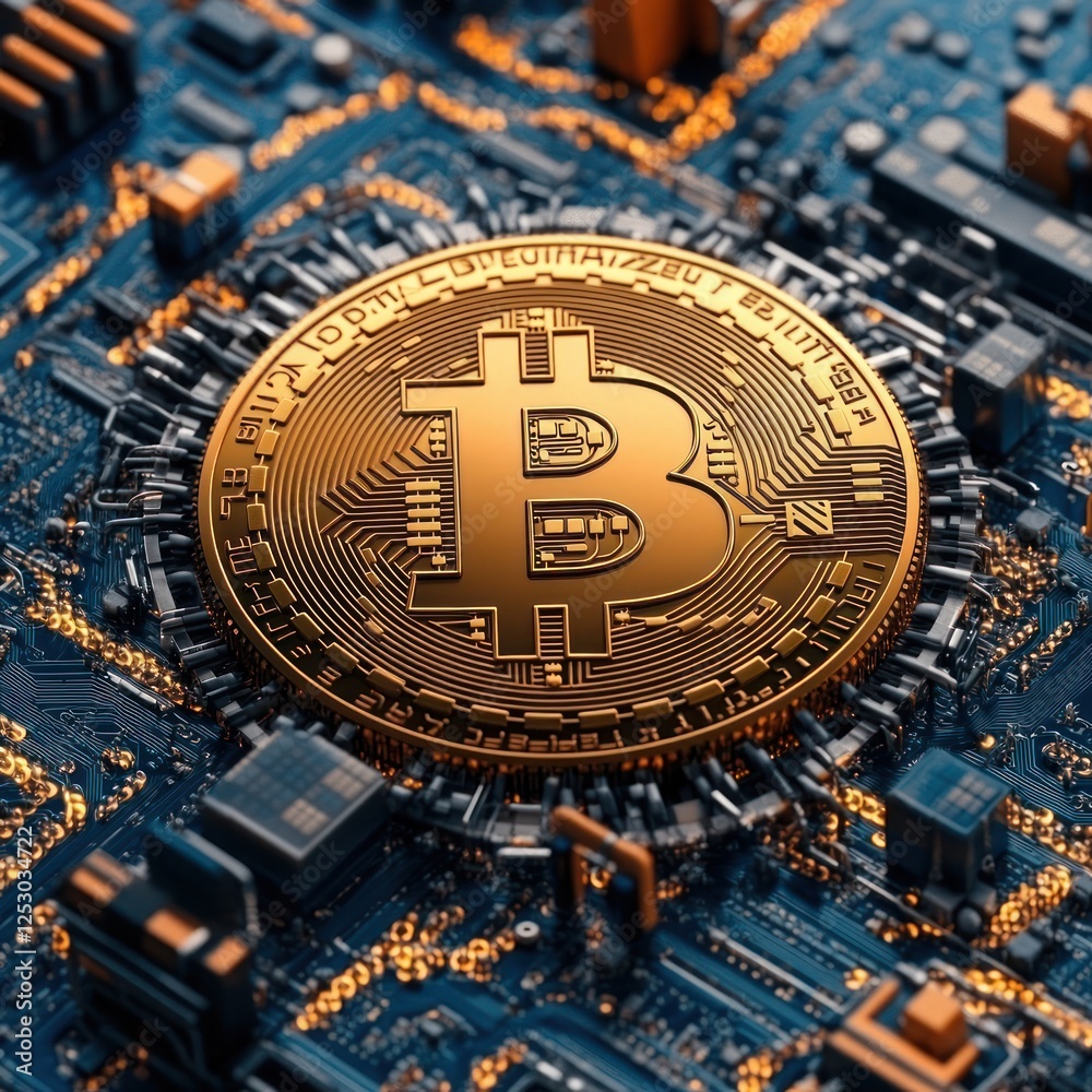 Poster Golden Bitcoin Coin on Microchip Circuit Board Background Representing Cryptocurrency and Digital Finance Concepts