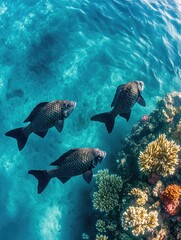 Obraz premium Three barracuda swimming in a coral reef, showcasing the beauty of marine life.