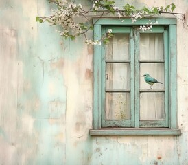 Verditer flycatcher perching on rustic teal window with spring flowers