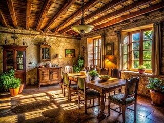 Fototapeta premium Long Exposure: Rustic Catalan Farmhouse Dining Room with Antique Furnishings