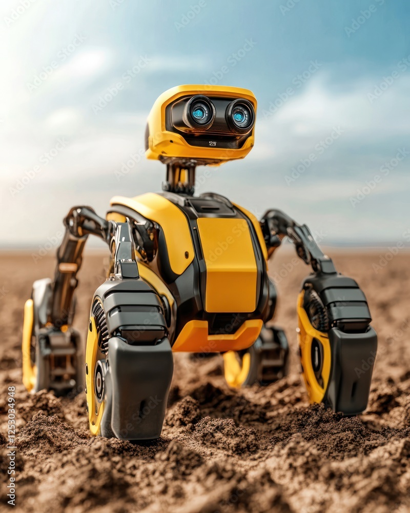 Aufkleber Friendly and futuristic robot exploring sandy terrain under a blue sky with fluffy clouds during daylight