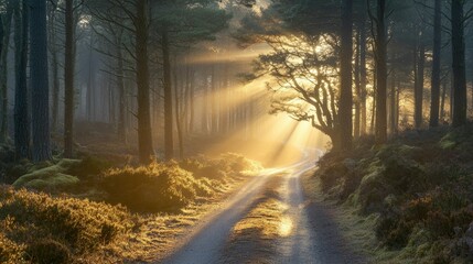 Obraz premium Sunlit forest path, golden rays, misty morning.