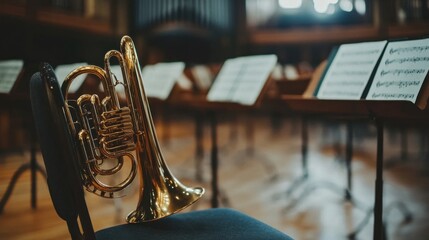 A classic French horn with a golden finish, positioned on a chair in a rehearsal room, with sheet music visible in the background for a professional vibe.