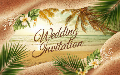 Tropical wedding invitation with beach view, palm trees, and floral accents