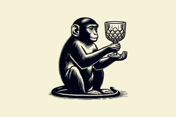 Macaque holding vintage crystal glass in black flat engraving style © Victoria