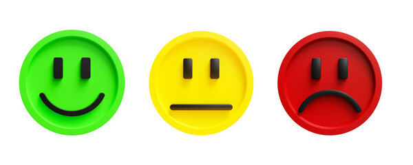 rating emojis set in green, yellow, red color. Feedback emoticons collection. happy, neutral, sad, isolated on white background, 3d render