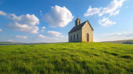 Fototapeta premium Idyllic chapel in Tuscany with green grass and blue sky 