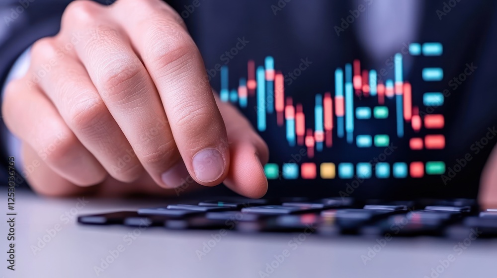 Aufkleber Businessperson Analyzing Financial Data on a Keyboard with Graph Visualization in Background