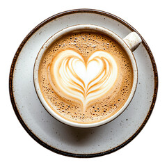 Top view of heart shaped latte art in a white coffee cup and plate isolated on transparent background