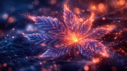 Fototapeta premium Glowing leaf with vibrant colors amidst a cosmic background of swirling lights and patterns