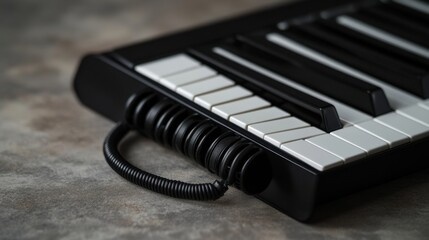 A close-up of a black and white melodica keyboard, highlighting its clean design and texture, with the mouthpiece and tube coiled beside it on a modern surface.
