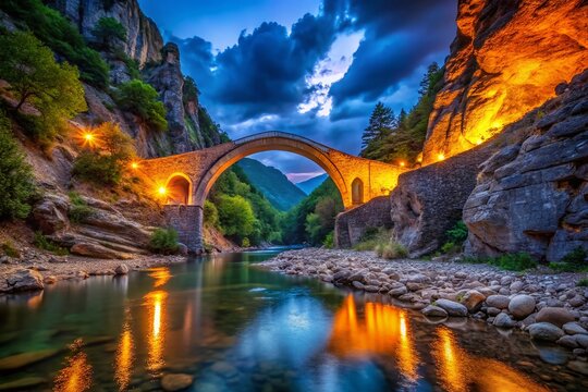 Low Light Portitsa Canyon, Greece: Ancient Stone Arch Bridge at Night