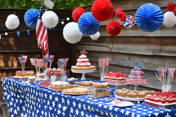 Festive dessert table decorated with patriotic elements for celebration