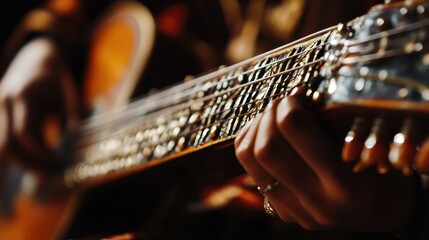 Fototapeta premium A close-up of a hand playing a sitar, focusing on the delicate strings and frets, with a blurred background of a music room.