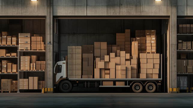 Delivery truck with open back doors, neatly stacked boxes inside. Workers begin their day in an industrial area. - Powered by Adobe