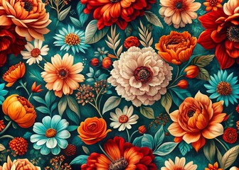Low Light Vibrant Floral Pattern: Red, Orange & Teal Flowers on Light Background