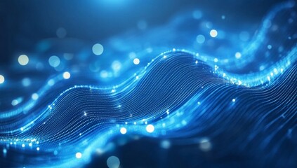 Abstract digital wave pattern, glowing blue lines, particles, technology background