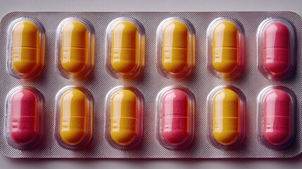 Pink and yellow pills in blister pack on white