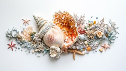 A conch shell surrounded by ocean-themed decorations like starfish, coral, and small pebbles, arranged artistically on a white backdrop.