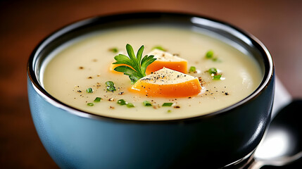 Creamy potato soup, garnished, close-up, wooden table, food photography