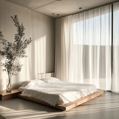 A luxurious minimalist bedroom with a king-size bed neatly made with crisp white sheets, soft neutral color palette, floor-to-ceiling windows with sheer curtains, and elegant wooden accents