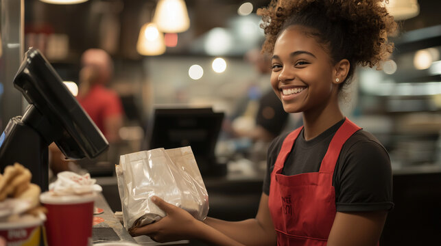 Fast food cashier smiling while handing a bag across the counter. Blurred restaurant setting in the background.