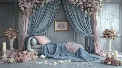 Romantic Floral Bedroom Setup Blue Drapes Daybed