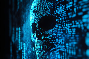 A glowing digital skull composed of blue binary code, symbolizing cyber threats, hacking, and malware. The eerie futuristic design highlights the dangers of cybercrime and online security risks.
