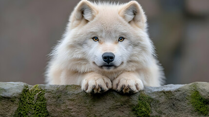 Obraz premium Arctic wolf resting on rock, wildlife reserve, winter