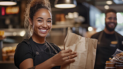 Cashier smiling while handing a paper bag. A blurred fast food restaurant setting in the background.