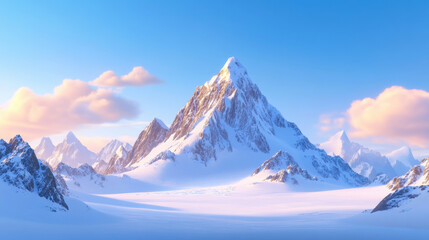 cinematic wide shot of snow capped mountain under clear blue sky, surrounded by soft clouds and vast snowy landscape, evokes sense of tranquility and awe