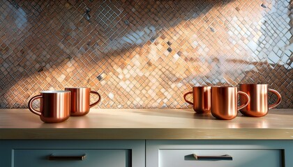 Front view kitchen with marble kitchen countertop coffee mugs and copper hammered cups on it under warm morning sunshine, ceramic small diamond tiles wall, 3d Rendering