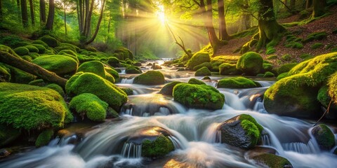 Obraz premium Lush Green Moss, Smooth Rocks, Rushing Stream - Nature Landscape Stock Photo