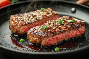 Sizzling steaks in pan, kitchen setting, garnished, ready to serve