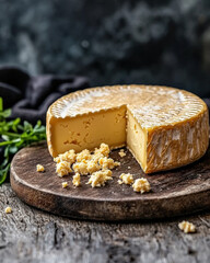 Aged cheddar cheese wheel with crumbles on wooden board, showcasing rich texture and color. Perfect for gourmet dishes and cheese platters