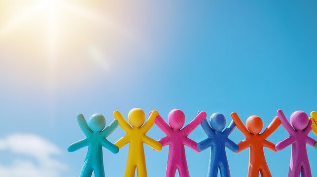 Colorful figurines celebrating unity under a bright sunny sky.