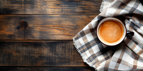 Top down view of coffee cup on wooden table with checkered napkin, Morning refreshment, Cafe culture, and cozy ambiance