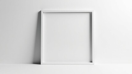 A blank white picture frame against a minimalist white wall, showcasing simple elegance and design versatility