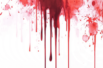 Detailed blood drip slowly trailing downwards, creating streaks, isolated on a white background.