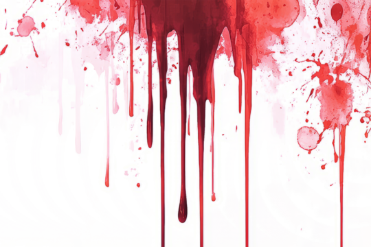 Detailed blood drip slowly trailing downwards, creating streaks, isolated on a white background.