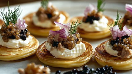 Artfully Composed Caviar Blinis with Delicate Garnishes in Natural Light