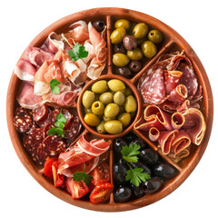 Image of Traditional Spanish tapas platters with jamón, olives, and cheeses, top view, served on a holiday table printed on Printed Glass Basin Splashbacks