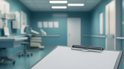 A professional medical examination room with modern lighting and clean interiors. Ideal for branding in the healthcare industry, hospital presentations, or clinic mockups.

