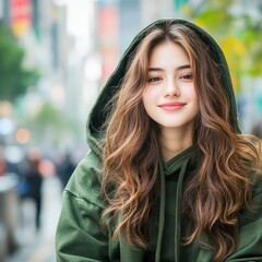 Fototapeta premium Young woman with long hair wearing green hoodie smiles in urban setting with blurred background and vibrant colors