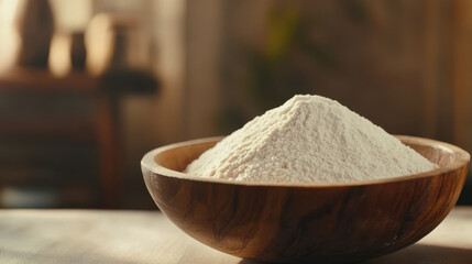Fototapeta premium close up photograph of wooden bowl filled with white flour, showcasing its fine texture and natural wood grain. warm lighting creates cozy atmosphere, perfect for baking