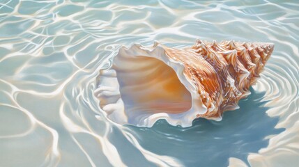 A vibrant conch shell partially submerged in clear, shallow water, with ripples and light reflections creating a serene seaside vibe.