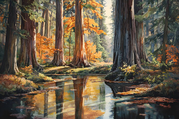 An Enchanted Autumnal Forest: Nature's Serene Ballet under a Sunlit Canopy