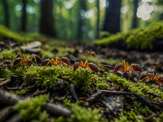 Obraz premium Ants crawling on the forest floor.