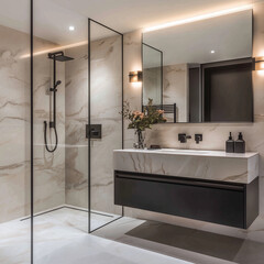 A contemporary bathroom with a perfectly clean minimalist aesthetic, floating vanity with a polished marble countertop, frameless glass shower enclosure without water stains, matte black fixtures